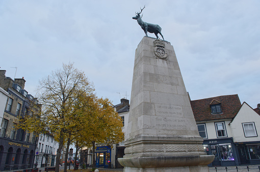 View of the Hertford war memorial stag. Can Ben seen when passing through the town. Hertford, England, UK.