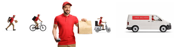 Courier with a paper bag and other workers with delivery van in the back