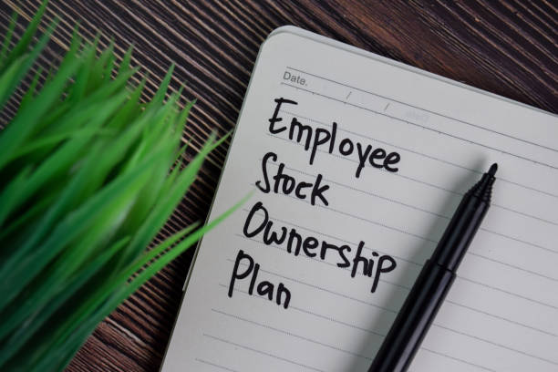 Employee Stock Ownership Plan write on a book isolated wooden table. stock photo