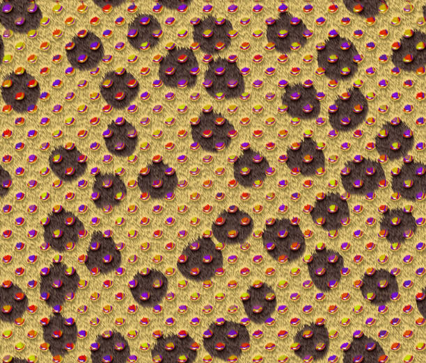 Yellow leopard fur with small round brown spots and red, purple, yellow and orange sparkling brilliants.Seamless pattern