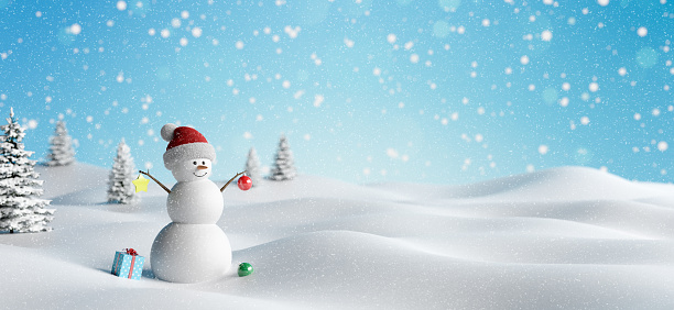 Winter Holidays background with a snowman, Gifts, snow and snowflakes 3d render 3d illustration