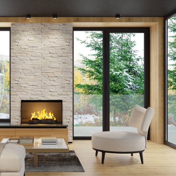 istock Modern Scandinavian style country villa light minimalist interior with fireplace and white slate rock wall 1280963612
