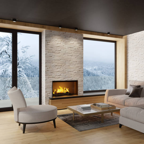 istock Modern Scandinavian style country villa light minimalist interior with fireplace and white slate rock wall 1280963619