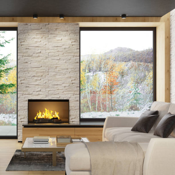 istock Modern Scandinavian style country villa light minimalist interior with fireplace and white slate rock wall 1280963663