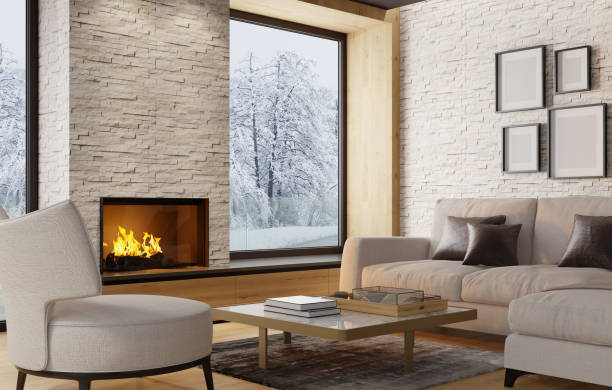 モダンなスカンジナビアスタイルのカントリーヴィラは、暖炉と白いスレートロックウォールとミニマリストのインテリアを点灯 - stone contemporary house luxury ストックフォトと画像