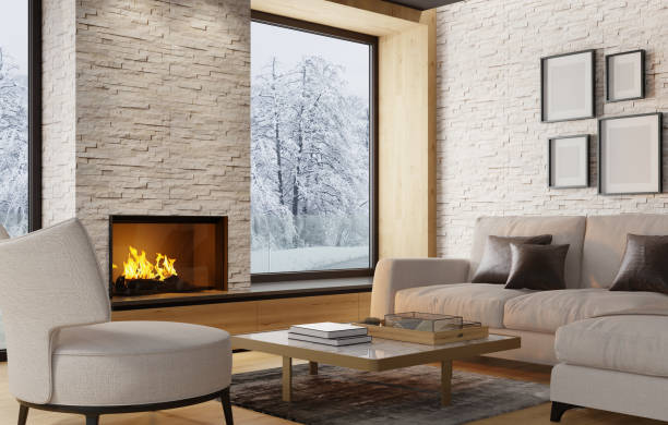 Stylish interior element with a fireplace and shelves for firewood. Interior of a fireplace area for a bar, cafe, restaurant in a modern style.