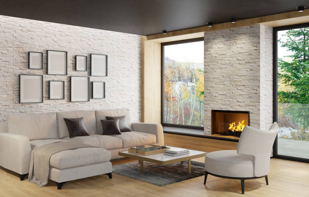 istock Modern Scandinavian style country villa light minimalist interior with fireplace and white slate rock wall 1280963722