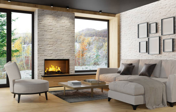 istock Modern Scandinavian style country villa light minimalist interior with fireplace and white slate rock wall 1280963727