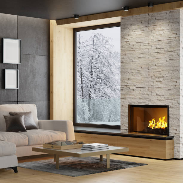 istock Modern Scandinavian style country villa light minimalist interior with fireplace and white slate rock wall 1280963757