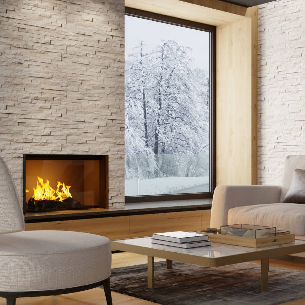 istock Modern Scandinavian style country villa light minimalist interior with fireplace and white slate rock wall 1280963776