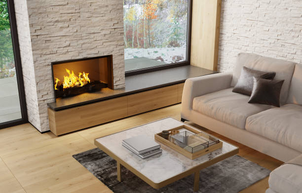 istock Modern Scandinavian style country villa light minimalist interior with fireplace and white slate rock wall 1280963801