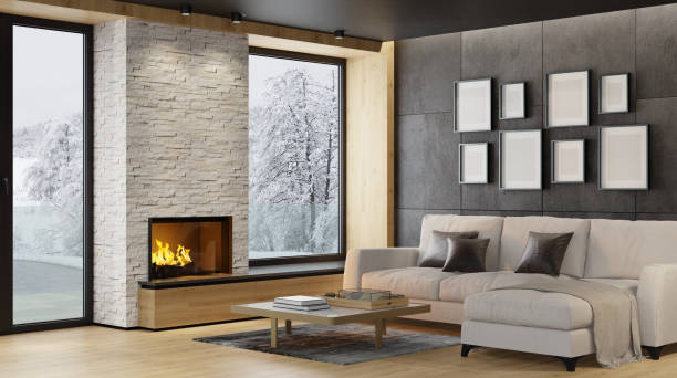 istock Modern Scandinavian style country villa light minimalist interior with fireplace and white slate rock wall 1280963823