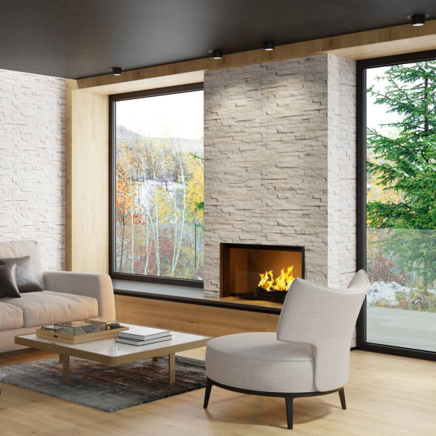 istock Modern Scandinavian style country villa light minimalist interior with fireplace and white slate rock wall 1280963861
