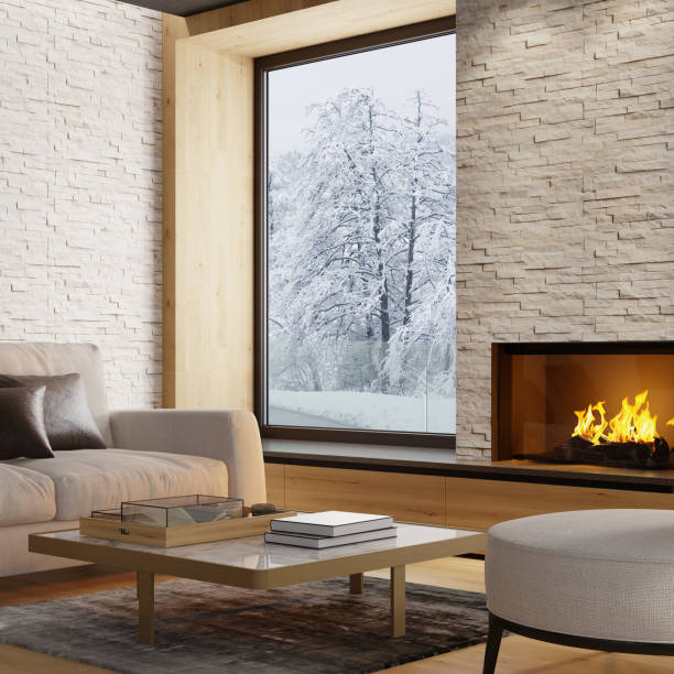 istock Modern Scandinavian style country villa light minimalist interior with fireplace and white slate rock wall 1280963866