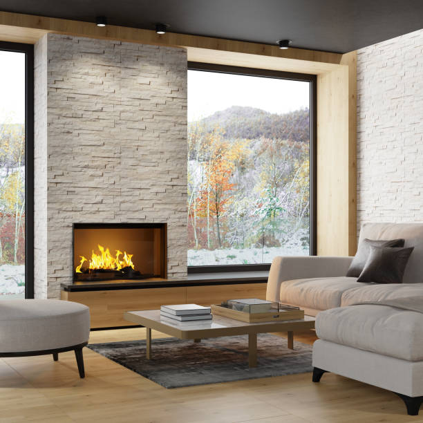 istock Modern Scandinavian style country villa light minimalist interior with fireplace and white slate rock wall 1280963882