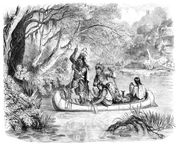 istock Native american fishing with spear in canoe illustration 1280963895