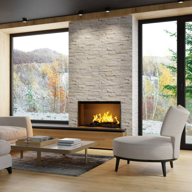istock Modern Scandinavian style country villa light minimalist interior with fireplace and white slate rock wall 1280963909