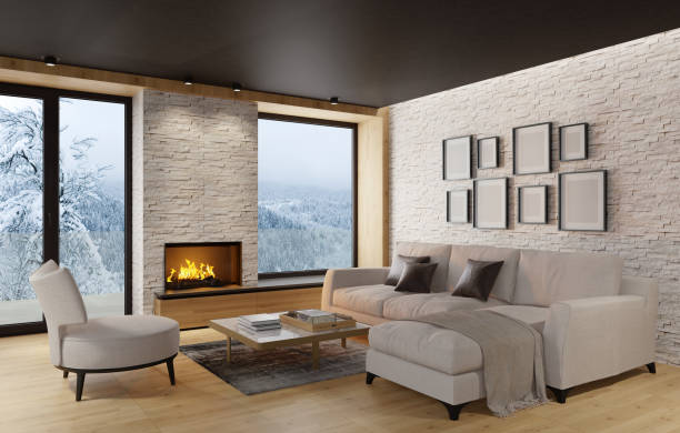 Modern Scandinavian style country villa light minimalist interior with fireplace and white slate rock wall