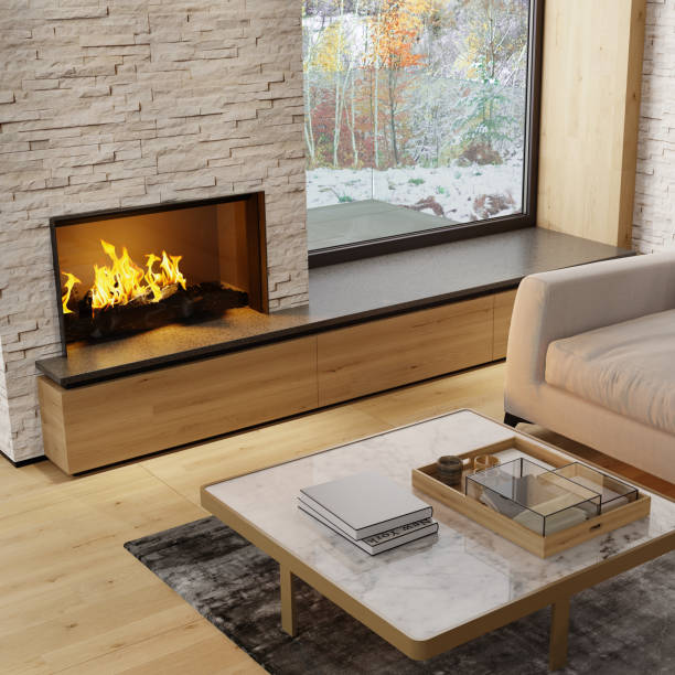 istock Modern Scandinavian style country villa light minimalist interior with fireplace and white slate rock wall 1280963952