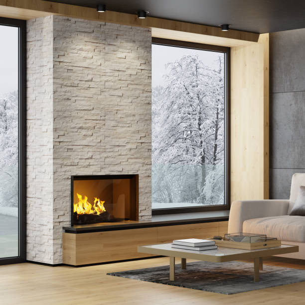 istock Modern Scandinavian style country villa light minimalist interior with fireplace and white slate rock wall 1280963955