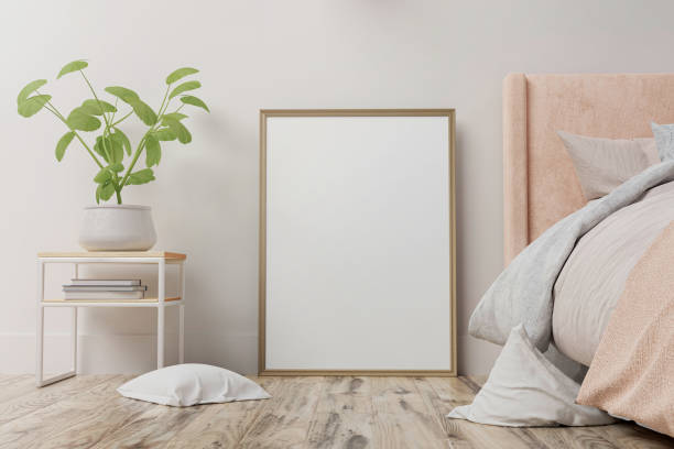 istock Interior poster mock up with vertical frame on the floor in home bedroom interior. 3D rendering. 1280964007