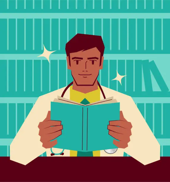 Vector illustration of Handsome young doctor with a stethoscope is reading a book in the library; Doing research; Never stop learning; To invest in yourself; Knowledge is power