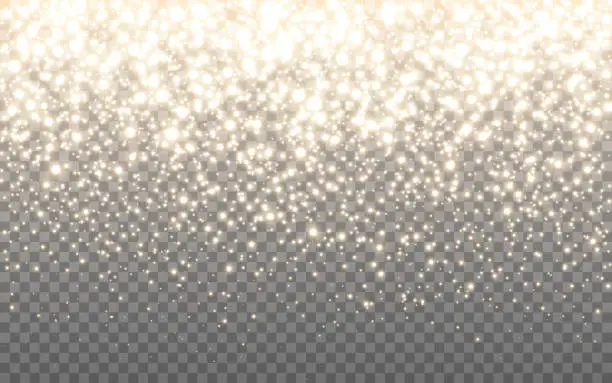 Vector illustration of Gold glitter texture. Luxury sparkling particles. Rich glowing confetti. Greeting card template. Realistic stardust on transparent backdrop. Christmas banner. Vector illustration