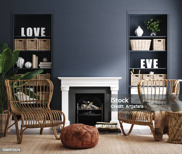 Eclectic Home Interior In Classic Blue Color Stock Photo - Download Image Now - Eclectic Style, Fireplace, Living Room