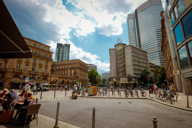 Frankfurt am Main, Germany - June 20, 2020: Kaiserplatz square in central Frankfurt with street cafés, \