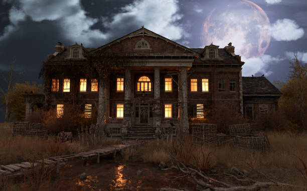 버려진 유령의 집 피난처 의 영혼 달빛 밤 3d 일러스트 - haunted house 뉴스 사진 이미지