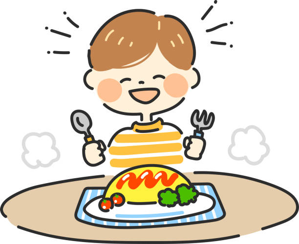 stockillustraties, clipart, cartoons en iconen met kinderen die omeletrij eten - jongen peuter eten