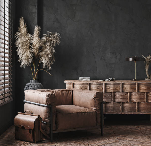 interni industriali moderni con mobili in pelle, ufficio di lusso - armchair sofa leather brown foto e immagini stock