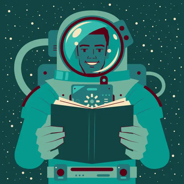 Vector illustration of Smiling handsome African-American ethnicity astronaut (spaceman) is reading a book in outer space; Never stop learning; To invest in yourself; Knowledge is power; Reading takes you out of this world