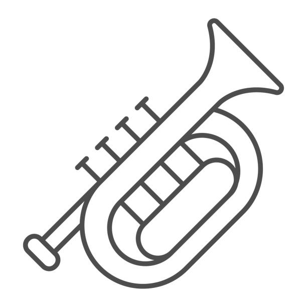 ilustrações, clipart, desenhos animados e ícones de ícone de linha fina de chifre, conceito oktoberfest, sinal de instrumento musical de sopro em fundo branco, ícone da buzina francesa em estilo de contorno para conceito móvel e web design. gráficos vetoriais. - bugle trumpet jazz music