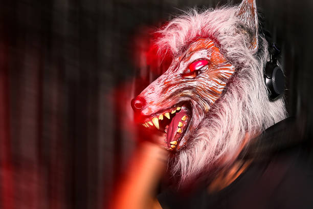 A detailed view of a frightening mask, great for horror-themed projects or Halloween decorations.