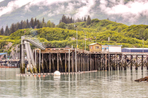 Skagway Harbor in Alaska at dawn, just prior to the arrival of a cruise ship set to dock for the day.