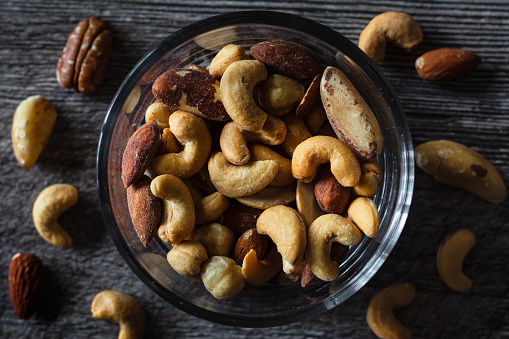 Bowl of salted mixed nuts.