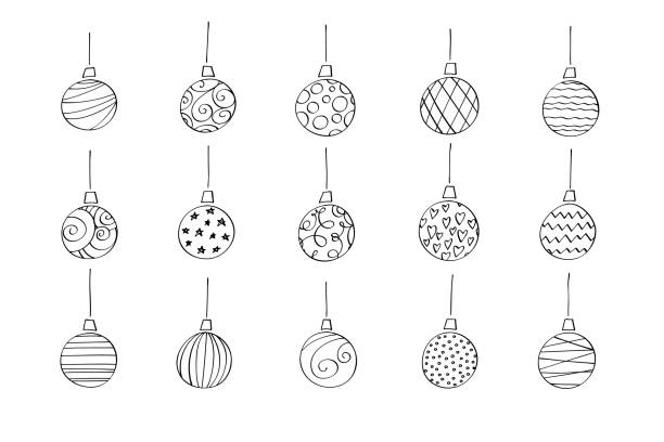 ilustraciones, imágenes clip art, dibujos animados e iconos de stock de colección de bolas de navidad - colgar ilustraciones
