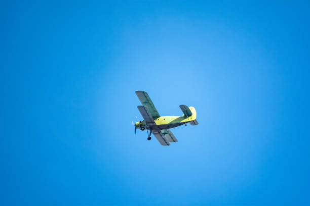 istock Retro biplane plane in the blue sky 1280999888