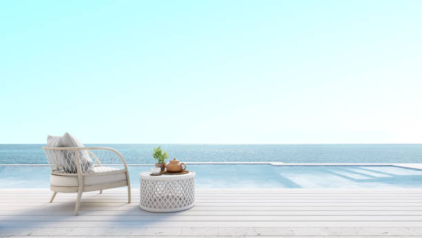 istock Beach lounge with sundeck,pool and sea view for vacation and summer.3d rendering 1281000900