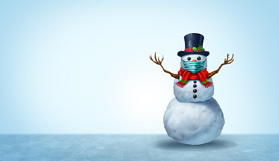 Winter healthcare as a snowman wearing a face mask concept as a snow man holiday season symbol for health and disease prevention as medical equipment preventing a sickness with 3D illustration elements.