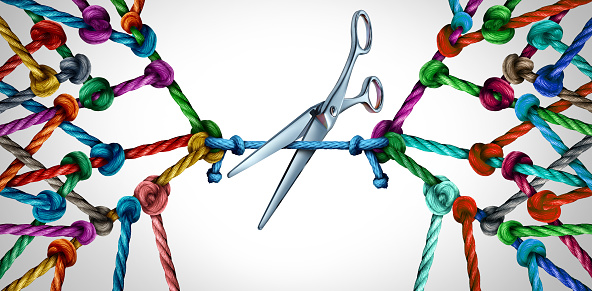 Cutting connections as a disconnect concept and dividing teams or losing group relationships as many different ropes tied and linked together as business trust metaphor with 3D illustration render elements.