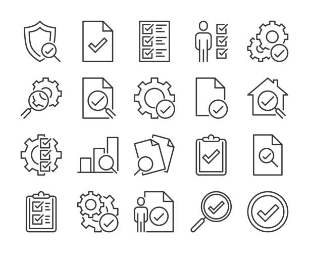 ilustrações de stock, clip art, desenhos animados e ícones de inspection icon. inspection and testing line icons set. editable stroke. - empresas