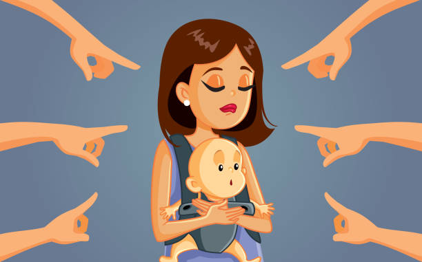 Mom Shaming Concept Vector Cartoon Illustration Mother being criticized by society for her decision in raising child humiliate stock illustrations