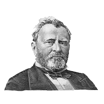 Eighteenth US president Hiram Ulysses Grant (1869-1877) isolated on white background. Black and white portrait of Hiram Ulysses Grant. Fragment of 50 US dollar banknote