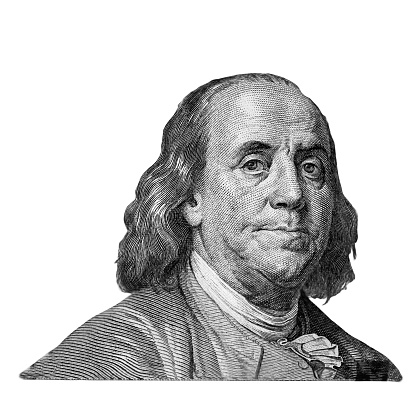 Sixth US president Franklin Benjamin (1785-1788) isolated on white background. Black and white portrait of Benjamin Franklin. Fragment of 100 US dollar banknote