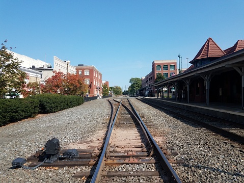 train tracks and rocks and buildings in Manassas, Virginia