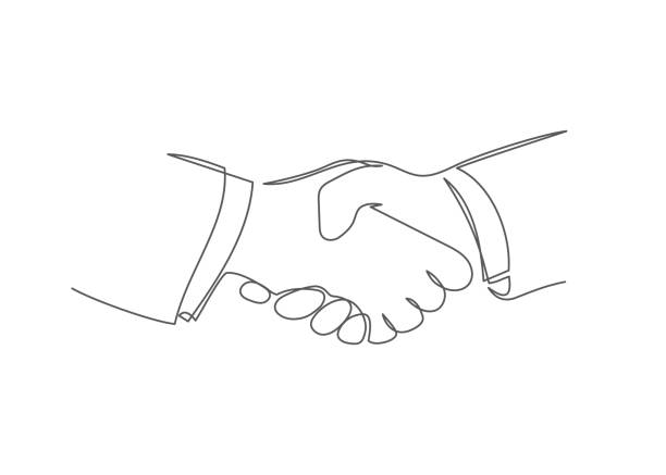ilustraciones, imágenes clip art, dibujos animados e iconos de stock de handshake una línea de dibujo vector apretón de manos en estilo de línea sobre fondo blanco - estrechar las manos ilustraciones