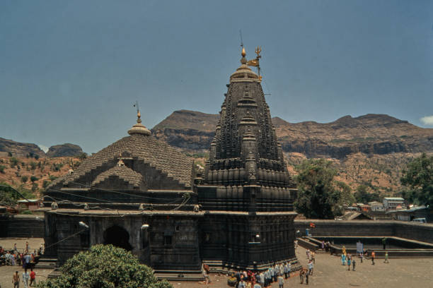 jyotirling Trimbakeshwar Shiva Temple in foothill of westarn Ghat Near Nasik stock photo