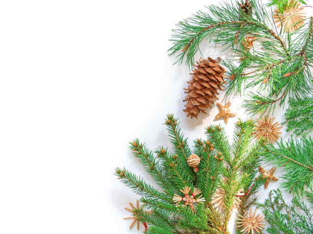 istock Natural coniferous branches and pine cones are decorated with straw decorations and bathed in the sun. Christmas, New Year concept. Flat lay. Top view. Copy space. 1281014517